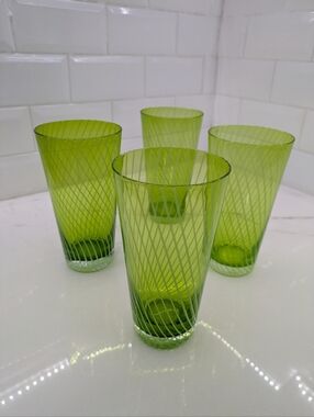 Dino Martens Aureliano Toso Green & White Mezza Filigrana Glass Tumblers Italy 4